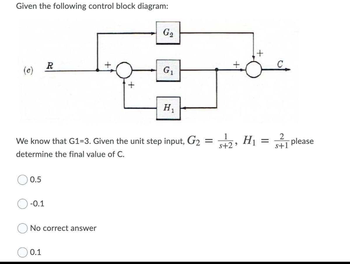 Given the following control block diagram:
G2
+1
C
R
(c)
G1
H1
We know that G1=3. Given the unit step input, G2
, H1 = please
||
s+2 ?
s+1
determine the final value of C.
0.5
-0.1
No correct answer
0.1
