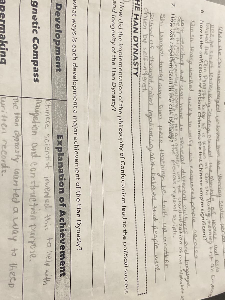 Uhan the Oinsiale emereed ickeibr Srom e Warring States peL
Dyngsty. Torloy b on as Cin shi Haung, meaning First ain Empen
6.
How is the unification of ancient China into the first Chinese empire significant
Sin Shi Huang worked auckly to uniEy his conpuerced people aGra
hatterritory that war hame to several disfrerent cultures andlanglago.
SOritueso important gutcomes oF the gin Covnquest was the standardization os non-alphabet ic
7. How was Legalismusédîh the Qin plaa the previous regional seripts.
Shi Huangdi tumed
these teachings he tocko up another
Srom
chool f thought. called fepali sellegolista believed that peaple were
drven by self-ingerest.
HE HAN DYNASTY
How did the implementation of the philosophy of Confucianism lead to the political success
and longevity of the Han Dynasty?
what ways is each development a major achievement of the Han Dynasty?
Explanation of Achievement
Chinese scientist inverted this to help with
pavigation and eon struction purpo se.
Development
gnetic Compass
Fhe Han dynasty loanted a uay to heep
written records.
apermaking
BCEhe sto tes leader King the of and esta
