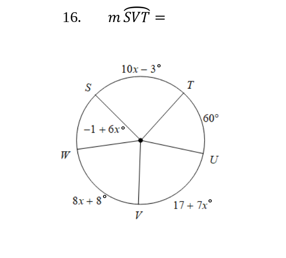 16.
m SVT =
10х - 3°
T
60°
-1 + 6x°
W
U
8x + 8°
17+ 7x°
V
