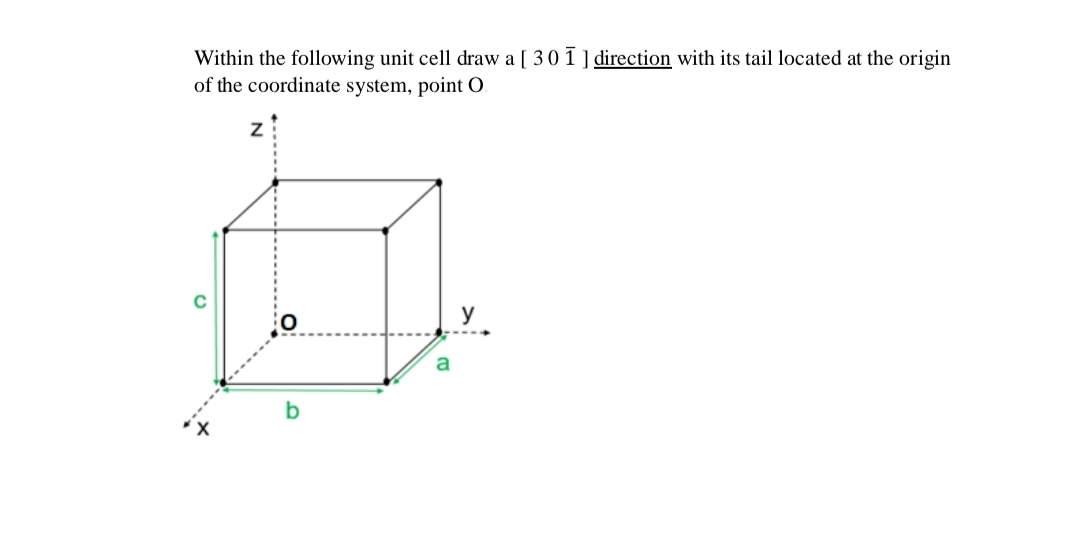 Within the following unit cell draw a [301] direction with its tail located at the origin
of the coordinate system, point O.
a
y