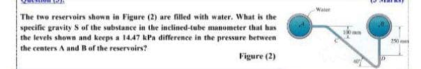 Water
The two reservoirs shown in Figure (2) are filled with water. What is the
specific gravity 8 of the substance in the inclined-tube manometer that has
the levels shown and keeps a 14.47 kPa difference in the pressure between
100 mm
the centers A and B of the reservoirs?
Figure (2)
