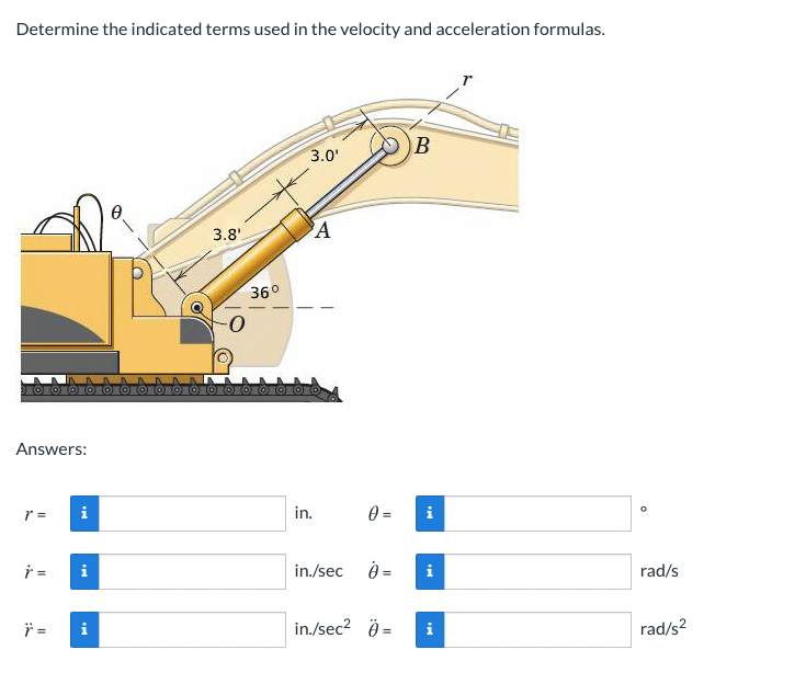 Determine the indicated terms used in the velocity and acceleration formulas.
3.0'
3.8'
A
36°
Answers:
i
in.
0 =
i
=
in./sec 0 =
i
rad/s
i =
i
in./sec? Ö =
rad/s?
II
