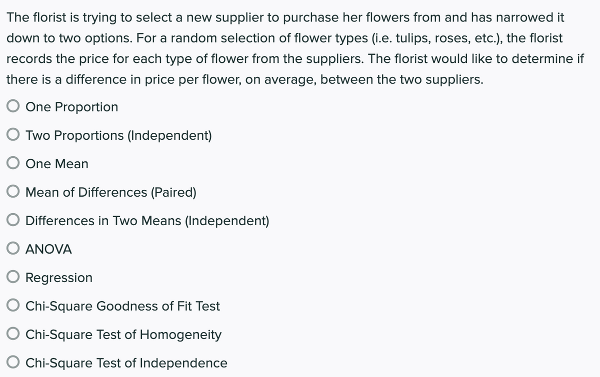 The florist is trying to select a new supplier to purchase her flowers from and has narrowed it
down to two options. For a random selection of flower types (i.e. tulips, roses, etc.), the florist
records the price for each type of flower from the suppliers. The florist would like to determine if
there is a difference in price per flower, on average, between the two suppliers.
One Proportion
O Two Proportions (Independent)
One Mean
Mean of Differences (Paired)
O Differences in Two Means (Independent)
O ANOVA
O Regression
Chi-Square Goodness of Fit Test
Chi-Square Test of Homogeneity
Chi-Square Test of Independence
