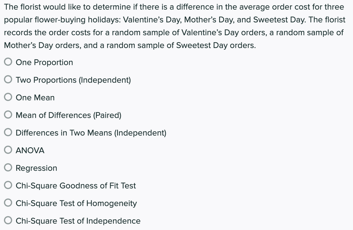 The florist would like to determine if there is a difference in the average order cost for three
popular flower-buying holidays: Valentine's Day, Mother's Day, and Sweetest Day. The florist
records the order costs for a random sample of Valentine's Day orders, a random sample of
Mother's Day orders, and a random sample of Sweetest Day orders.
O One Proportion
Two Proportions (Independent)
One Mean
O Mean of Differences (Paired)
Differences in Two Means (Independent)
O ANOVA
Regression
Chi-Square Goodness of Fit Test
Chi-Square Test of Homogeneity
Chi-Square Test of Independence
