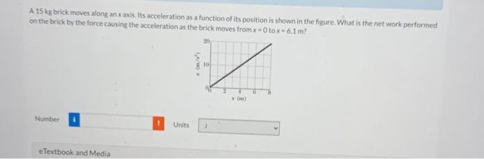 A 15 kg brick moves along an x axis. Its acceleration as a function of its position is shown in the figure. What is the net work performed
on the brick by the force causing the acceleration as the brick moves from x-0 to x- 6.1 m?
10
(m)
Number
Units
eTextbook and Media
