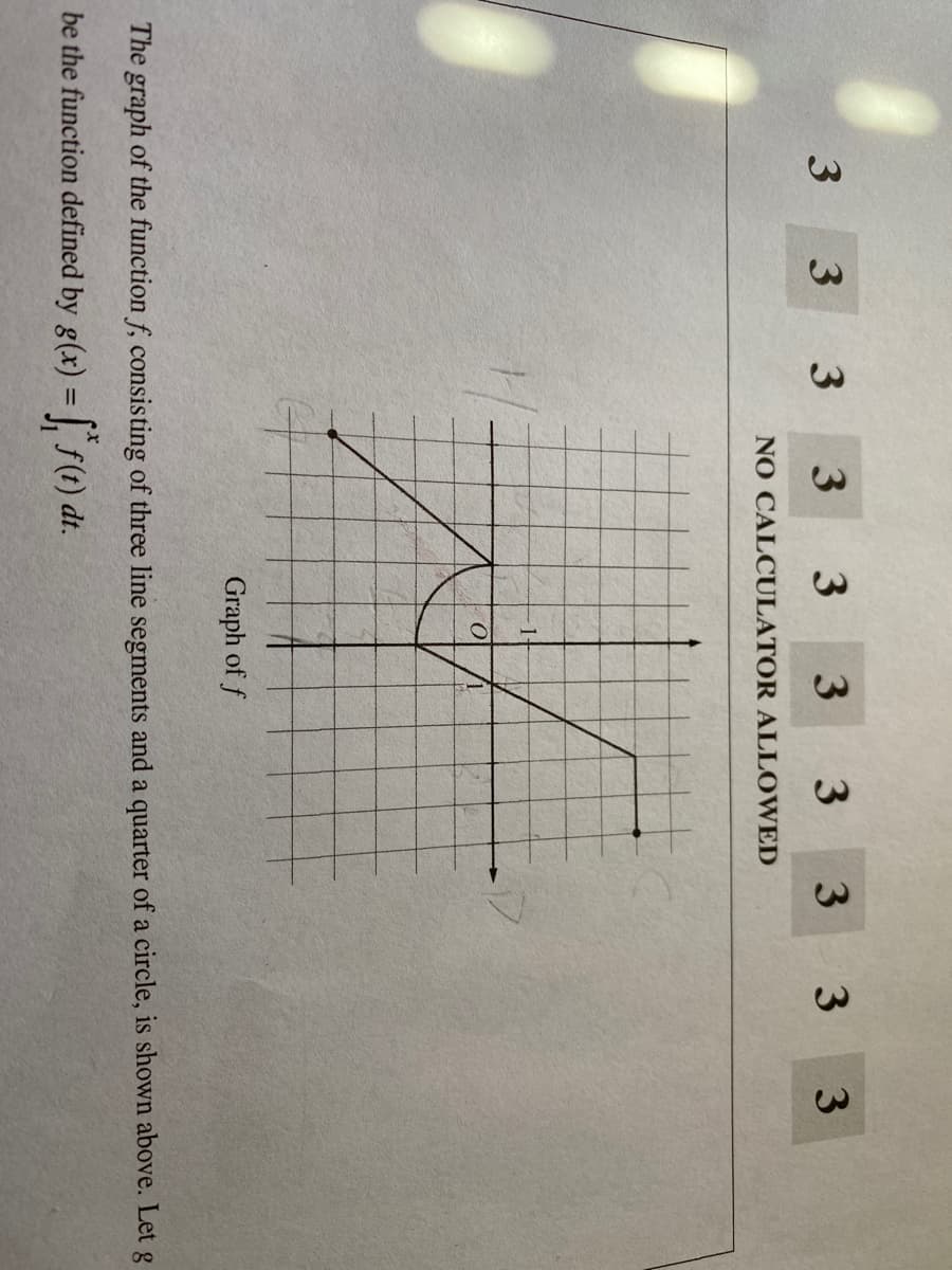 3
3 3
3
3
3
3 3
3
3
NO CALCULATOR ALLOWED
Graph of f
The graph of the function f, consisting of three line segments and a quarter of a circle, is shown above. Let g
be the function defined by g(x) = |, f(t) dt.
%3D
