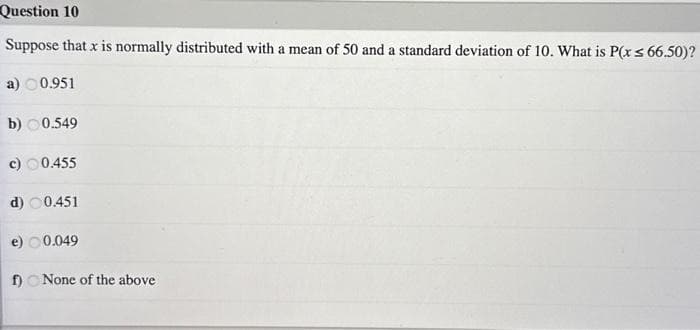 Question 10
Suppose that x is normally distributed with a mean of 50 and a standard deviation of 10. What is P(x ≤ 66.50)?
a) 0.951
b) 0.549
c) 0.455
d) 0.451
e) 0.049
f) None of the above