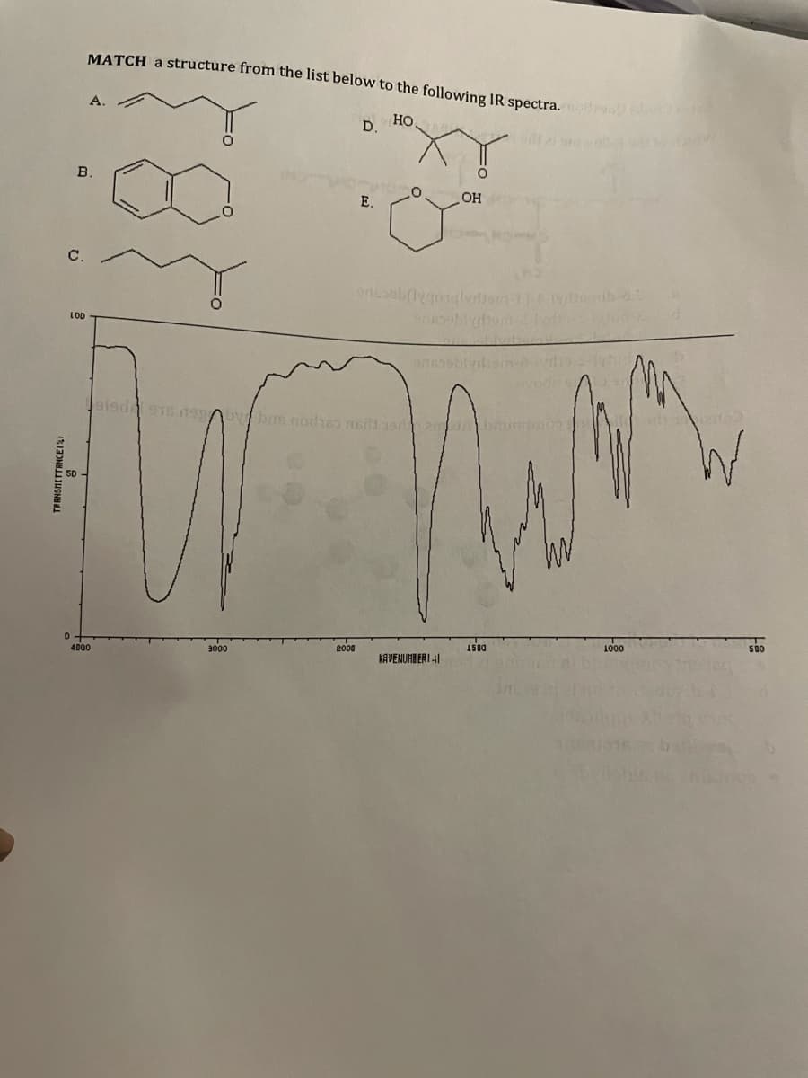 MATCH a structure from the list below to the following IR spectra.
A.
Но
D.
B.
E.
OH
C.
LOD
vod n
e000
1S00
1000
500
4D00
3000
HAVENUHB ERI
