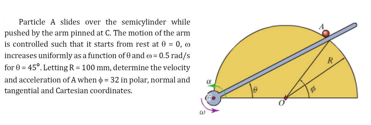 Particle A slides over the semicylinder while
pushed by the arm pinned at C. The motion of the arm
is controlled such that it starts from rest at 0
increases uniformly as a function of 0 and o = 0.5 rad/s
for 0 = 45°. Letting R = 100 mm, determine the velocity
0,
R
%3D
and acceleration of A when o = 32 in polar, normal and
tangential and Cartesian coordinates.
