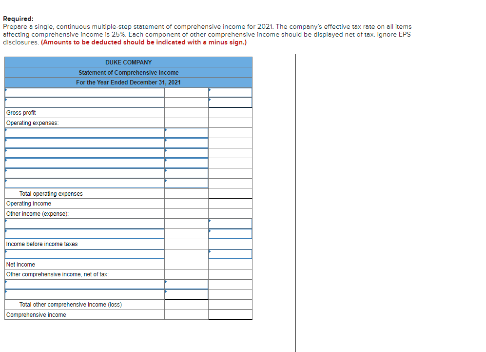 Required:
Prepare a single, continuous multiple-step statement of comprehensive income for 2021. The company's effective tax rate on all items
affecting comprehensive income is 25%. Each component of other comprehensive income should be displayed net of tax. Ignore EPS
disclosures. (Amounts to be deducted should be indicated with a minus sign.)
DUKE COMPANY
Statement of Comprehensive Income
For the Year Ended December 31, 2021
Gross profit
Operating expenses:
Total operating expenses
Operating income
Other income (expense):
Income before income taxes
Net income
Other comprehensive income, net of tax:
Total other comprehensive income (loss)
Comprehensive income
