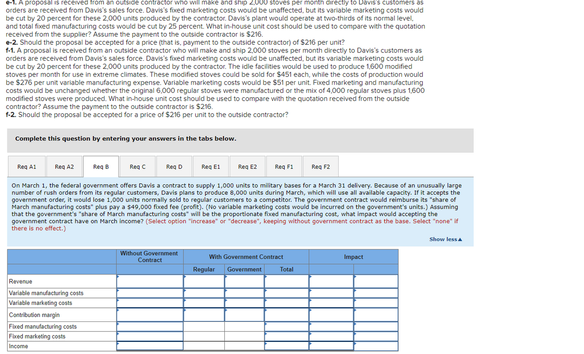 e-1. A proposal is received from an outside contractor who will make and ship 2,000 stoves per month directly to Davis's customers as
orders are received from Davis's sales force. Davis's fixed marketing costs would be unaffected, but its variable marketing costs would
be cut by 20 percent for these 2,000 units produced by the contractor. Davis's plant would operate at two-thirds of its normal level,
and total fixed manufacturing costs would be cut by 25 percent. What in-house unit cost should be used to compare with the quotation
received from the supplier? Assume the payment to the outside contractor is $216.
e-2. Should the proposal be accepted for a price (that is, payment to the outside contractor) of $216 per unit?
f-1. A proposal is received from an outside contractor who will make and ship 2,000 stoves per month directly to Davis's customers as
orders are received from Davis's sales force. Davis's fixed marketing costs would be unaffected, but its variable marketing costs would
be cut by 20 percent for these 2,000 units produced by the contractor. The idle facilities would be used to produce 1,600 modified
stoves per month for use in extreme climates. These modified stoves could be sold for $451 each, while the costs of production would
be $276 per unit variable manufacturing expense. Variable marketing costs would be $51 per unit. Fixed marketing and manufacturing
costs would be unchanged whether the original 6,000 regular stoves were manufactured or the mix of 4,000 regular stoves plus 1,600
modified stoves were produced. What in-house unit cost should be used to compare with the quotation received from the outside
contractor? Assume the payment to the outside contractor is $216.
f-2. Should the proposal be accepted for a price of $216 per unit to the outside contractor?
Complete this question by entering your answers in the tabs below.
Reg A1
Req A2
Reg B
Reg C
Reg D
Reg E1
Reg E2
Reg F1
Reg F2
On March 1, the federal government offers Davis a contract to supply 1,000 units to military bases for a March 31 delivery. Because of an unusually large
number of rush orders from its regular customers, Davis plans to produce 8,000 units during March, which will use all available capacity. If it accepts the
government order, it would lose 1,000 units normally sold to regular customers to a competitor. The government contract would reimburse its "share of
March manufacturing costs" plus pay a $49,000 fixed fee (profit). (No variable marketing costs would be incurred on the government's units.) Assuming
that the government's "share of March manufacturing costs" will be the proportionate fixed manufacturing cost, what impact would accepting the
government contract have on March income? (Select option "increase" or "decrease", keeping without government contract as the base. Select "none" if
there is no effect.)
Show less A
Without Government
With Government Contract
Impact
Contract
Regular
Government
Total
Revenue
Variable manufacturing costs
Variable marketing costs
Contribution margin
Fixed manufacturing costs
Fixed marketing costs
Income
