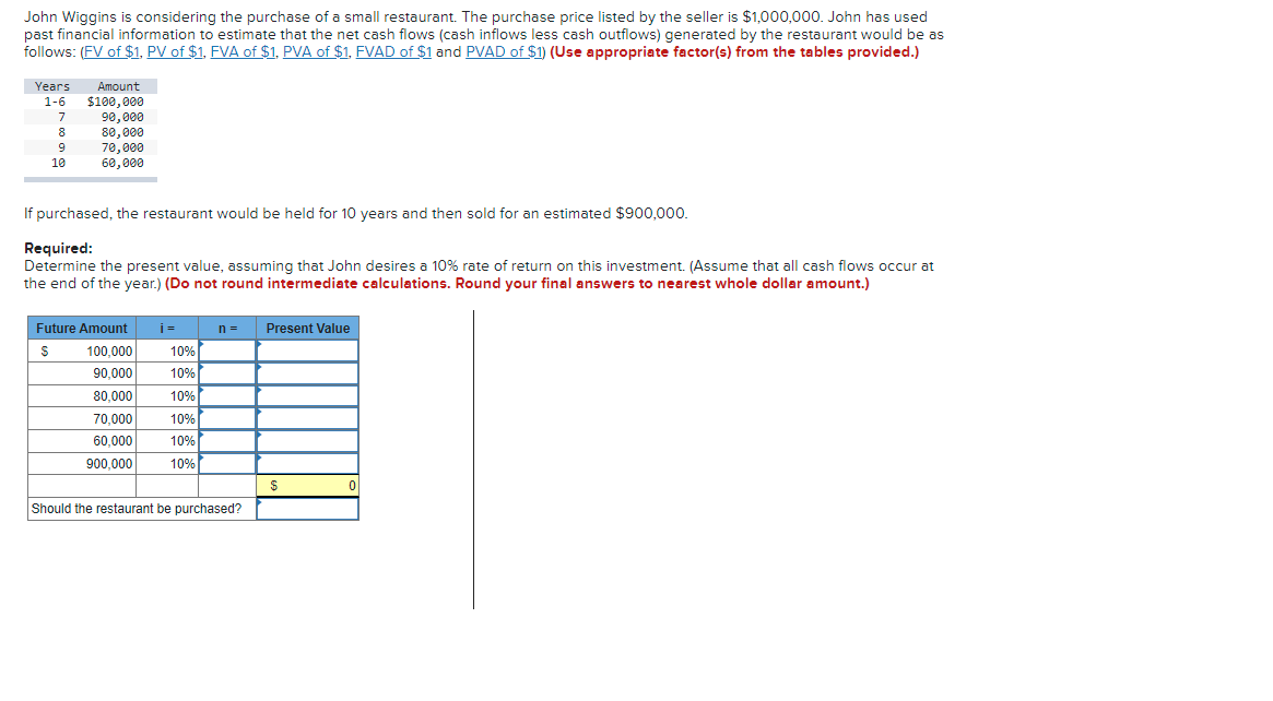 John Wiggins is considering the purchase of a small restaurant. The purchase price listed by the seller is $1,000,000. John has used
past financial information to estimate that the net cash flows (cash inflows less cash outflows) generated by the restaurant would be as
follows: (FV of $1, PV of $1, FVA of $1, PVA of $1, FVAD of $1 and PVAD of $1) (Use appropriate factor(s) from the tables provided.)
Amount
$100,000
90,000
80,000
70,000
60,000
Years
1-6
7
8
9
10
If purchased, the restaurant would be held for 10 years and then sold for an estimated $900,000.
Required:
Determine the present value, assuming that John desires a 10% rate of return on this investment. (Assume that all cash flows occur at
the end of the year.) (Do not round intermediate calculations. Round your final answers to nearest whole dollar amount.)
Future Amount
i =
n =
Present Value
100,000
10%
90,000
10%
80,000
10%
70,000
10%
60,000
10%
900,000
10%
Should the restaurant be purchased?
