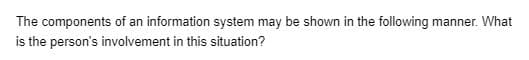 The components of an information system may be shown in the following manner. What
is the person's involvement in this situation?
