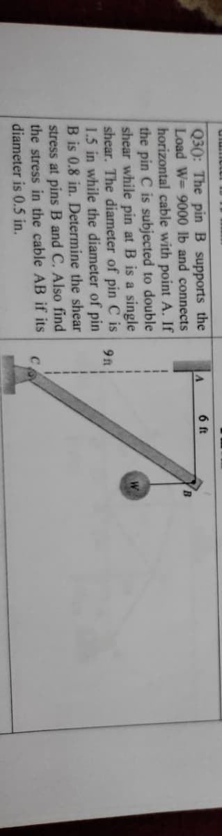 Q30: The pin B supports the
Load W= 9000 lb and connects
horizontal cable with point A. If
the pin C is subjected to double
shear while pin at B is a single
shear. The diameter of pin C is
1.5 in while the diameter of pin
B is 0.8 in. Determine the shear
stress at pins B and C. Also find
the stress in the cable AB if its
diameter is 0.5 in.
6 ft
W
9 ft
