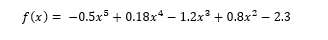 f (x) = -0.5x + 0.18x* – 1.2x3 + 0.8x? – 2.3
%3D
