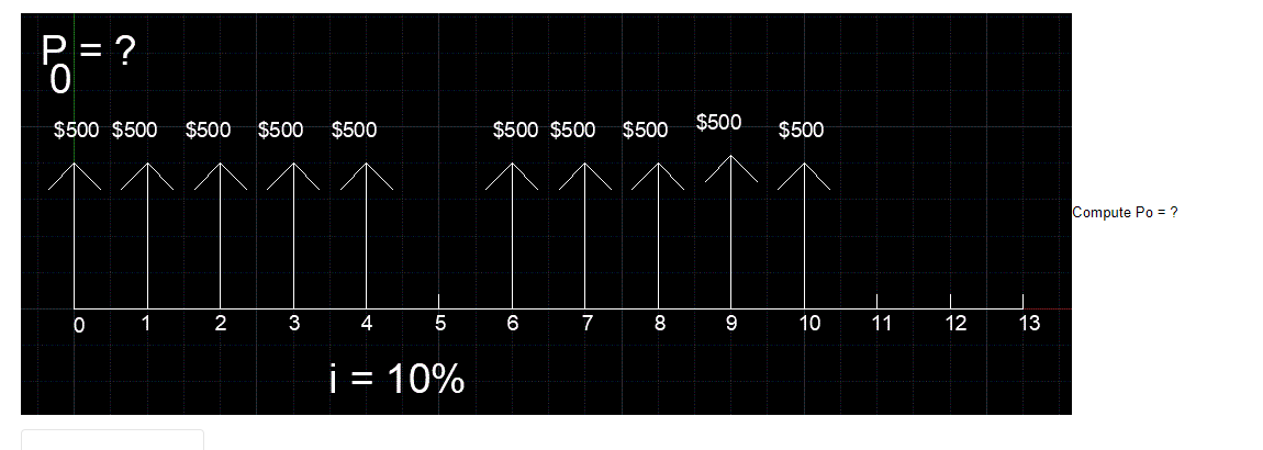 P = ?
0.
$500 $500
$500
$500
$500
$500 $500
$500
$500
$500
Compute Po = ?
1
2
3
4
5
6
7
8
9
10
11
12
13
i:
10%
