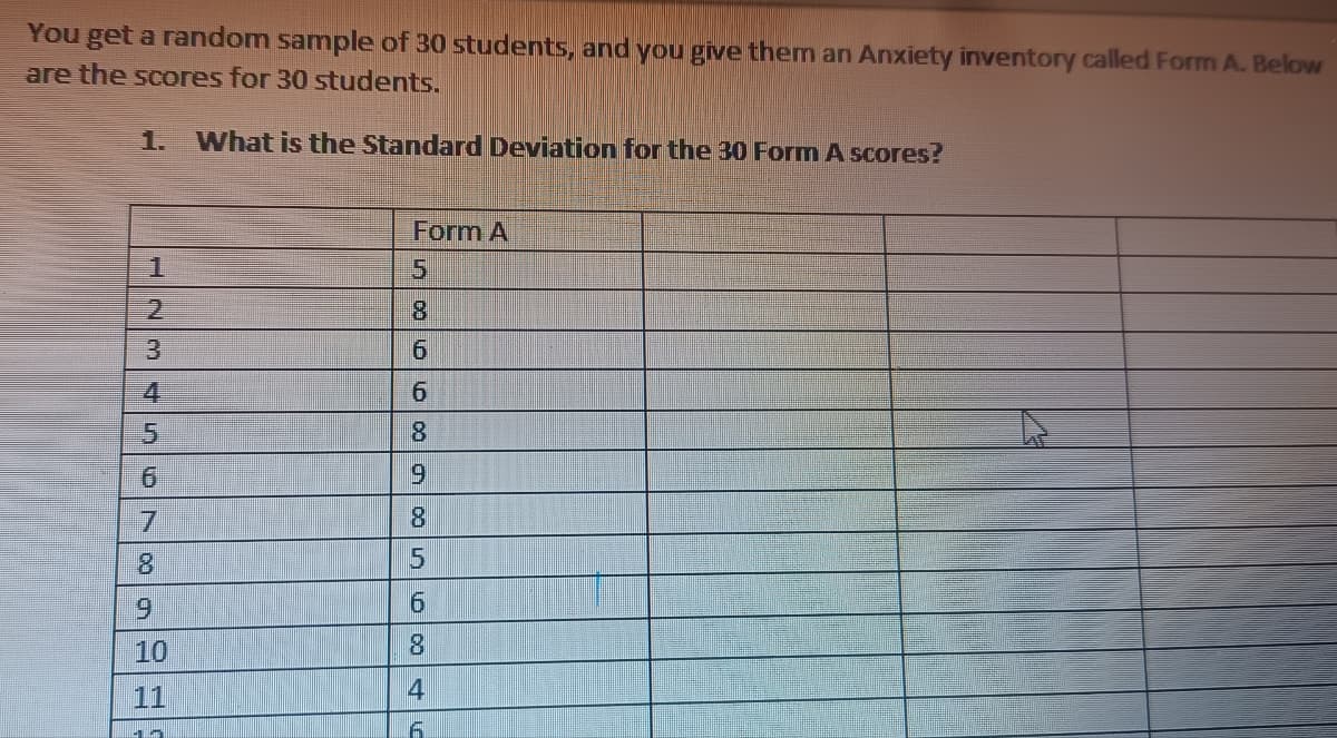 You get a random sample of 30 students, and you give them an Anxiety inventory called Form A. Below
are the scores for 30 students.
What is the Standard Deviation for the 30 Form A scores?
2
3
5
B
UD
7
8
9
10
Form A
6
6
9
8
5
6
8
4
6