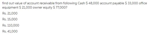 find out value of account receivable from following Cash $ 48,000 account payable $ 33,000 office
equipment S 21,000 owner equity $ 77,000?
Rs. 21,000
Rs. 15,000
Rs. 110,000
Rs. 41,000
