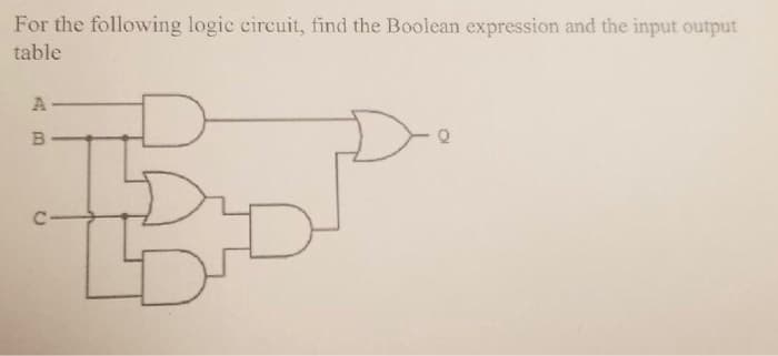 For the following logic eircuit, find the Boolean expression and the input output
table
A
C-
