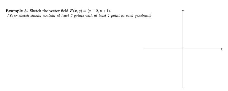 Example 3. Sketch the vector field F(x, y) = (x-2, y + 1).
(Your sketch should contain at least 6 points with at least 1 point in each quadrant)