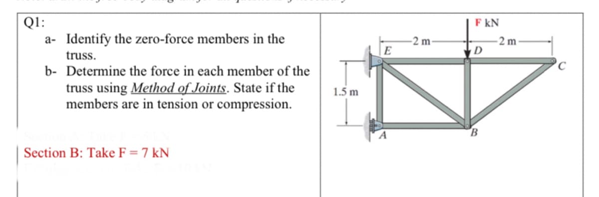 Q1:
a- Identify the zero-force members in the
F kN
-2 m
D
-2 m
E
truss.
b- Determine the force in each member of the
truss using Method of Joints. State if the
members are in tension or compression.
1.5 m
Section B: Take F = 7 kN
%3D
