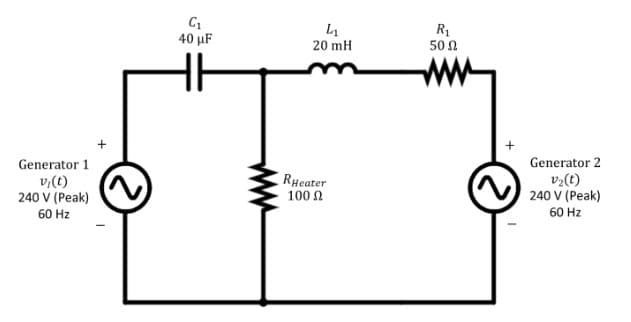 R1
50 Ω
40 µF
20 mH
ww
Generator 1
Generator 2
v,(t)
240 V (Peak)
RHeater
100 0
v2(t)
240 V (Peak)
60 Hz
60 Hz
