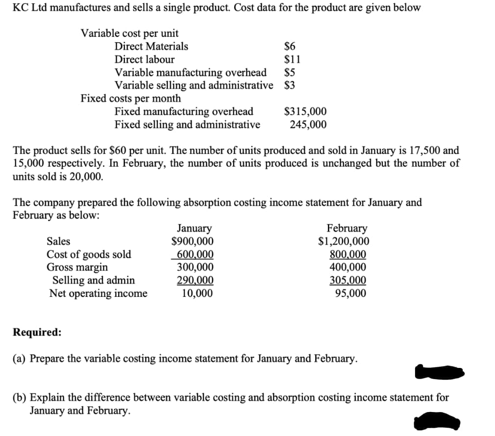 KC Ltd manufactures and sells a single product. Cost data for the product are given below
Variable cost per unit
$6
$11
$5
Direct Materials
Direct labour
Variable manufacturing overhead
Variable selling and administrative $3
Fixed costs per month
Fixed manufacturing overhead
Fixed selling and administrative
$315,000
245,000
The product sells for $60 per unit. The number of units produced and sold in January is 17,500 and
15,000 respectively. In February, the number of units produced is unchanged but the number of
units sold is 20,000.
The company prepared the following absorption costing income statement for January and
February as below:
January
$900,000
|600,000
300,000
290,000
10,000
February
$1,200,000
800,000
400,000
305,000
95,000
Sales
Cost of goods sold
Gross margin
Selling and admin
Net operating income
Required:
(a) Prepare the variable costing income statement for January and February.
(b) Explain the difference between variable costing and absorption costing income statement for
January and February.
