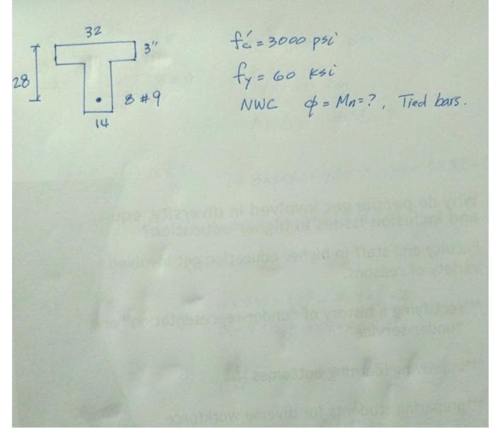 32
3"
fo=3000 ps
fy=
$ = Mn=?, Tied bars.
28
= 60 ksi
多#9
NWC
14
