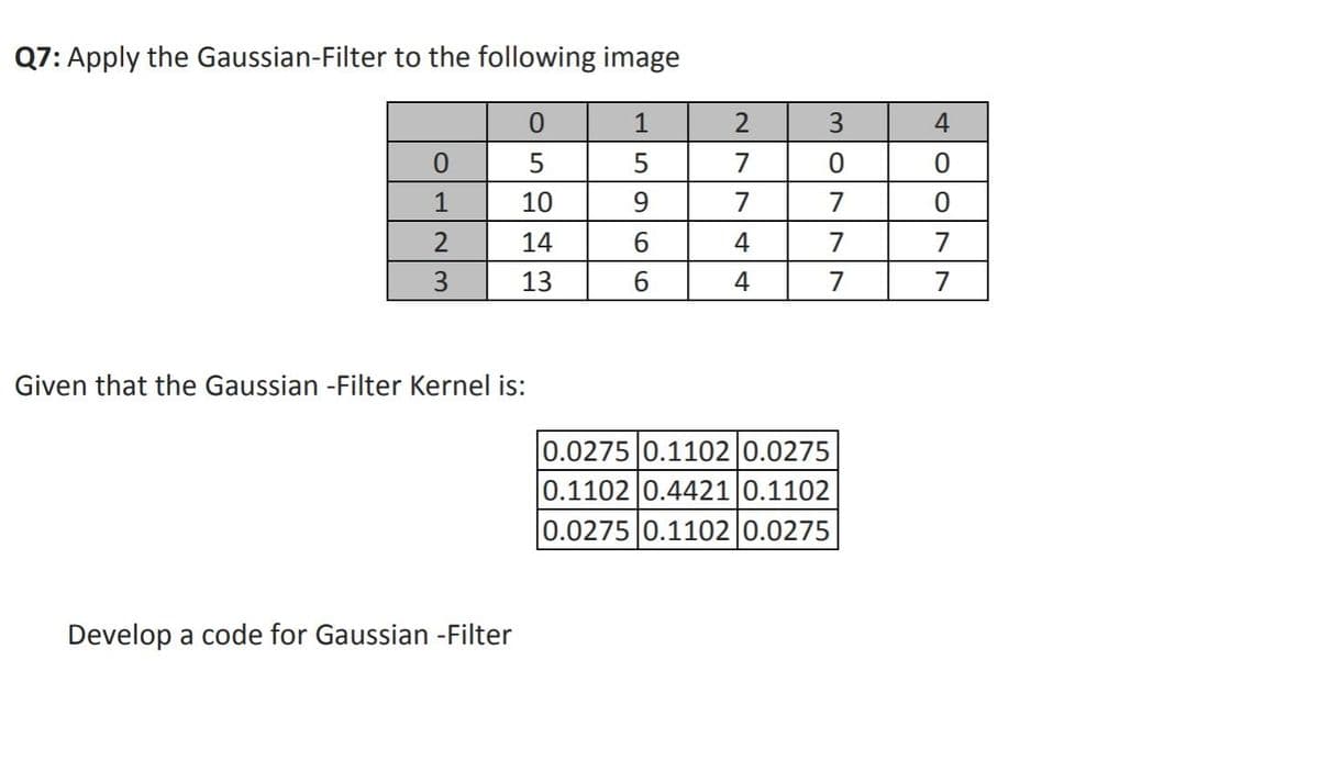 Q7: Apply the Gaussian-Filter to the following image
1
3
4
5
5
7
1
10
9
7
7
14
4
7
7
3
13
6
4
7
7
Given that the Gaussian -Filter Kernel is:
0.0275 0.1102 0.0275
0.1102 0.4421 0.1102
0.0275 0.1102 0.0275
Develop a code for Gaussian -Filter
