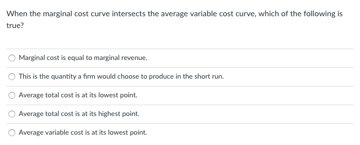When the marginal cost curve intersects the average variable cost curve, which of the following is
true?
Marginal cost is equal to marginal revenue.
This is the quantity a firm would choose to produce in the short run.
Average total cost is at its lowest point.
Average total cost is at its highest point.
Average variable cost is at its lowest point.
