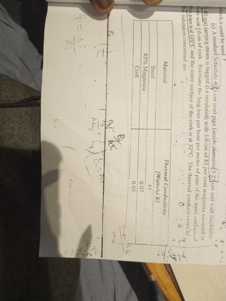 which it could be used.
lO A standard Schedule 405 cm steel pipe (inside diameter 5.25cm and wall thickness
40 cm) čarrying steam is lagged (1.e insulated) with 5.0 cm of 85 per cent magnesia covered in
with 5.0 cm of cork. Estimate the heat loss per hour per meter of pipe if the inner surface of
the pipe is at 120°C and the outer surface of the cork is at 32°C. The thermal conductivitics of
the substances concerned are
Material
Thermal Conductivity
(Wattsha K]
Steel
45
85% Magnesia
0.07
Cork
0.05
Lん
At
it
