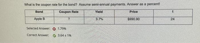 What is the coupon rate for the bond? Assume semi-annual payments. Answer as a percent!
Coupon Rate
Yield
Price
Bond
Apple B
Selected Answer:
Correct Answer:
?
1.79 %
3.64 + 1%
3.7%
$990.90
t
24