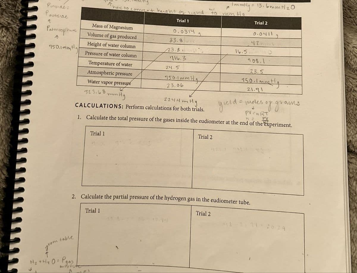 Immtg = 13.6 mmH2O
Pinside:
Poutside
个
Ahave to convert height of liquid
Trial 1
Mass of Magnesium
0.0314
Patmosphere
9
Volume of gas produced
33.8
^
Height of water column
23.8
150.1mmH
Pressure of water column
Temperature of water
716.3
24.5
to
mm Ha
Trial 2
0.0411
42n
16.5
708.1
Atmospheric pressure
Water vapor pressure
323.68
150.1mmHg
23.06
mm Hg
224.4 mmH
Hg
CALCULATIONS: Perform calculations for both trials.
23.5
150.1 mmHg
21.71
ams
moles of gram
yield=
↓
PV=RT
n =
PV
1. Calculate the total pressure of the gases inside the eudiometer at the end of the experiment.
Trial 1
Trial 2
2. Calculate the partial pressure of the hydrogen gas in the eudiometer tube.
rom table
from
H₂+ H2O = Paas
myfute
2
Trial 1
Trial 2
20.29