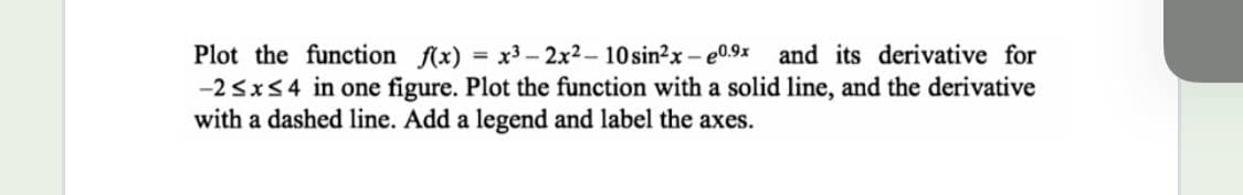 Plot the function f(x) = x3– 2x2- 10 sin?x - e0.9x and its derivative for
-23x54 in one figure. Plot the function with a solid line, and the derivative
with a dashed line. Add a legend and label the axes.
%3D
