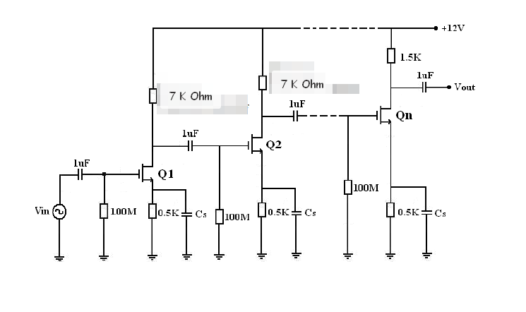 +12V
O 1.5K
luF
7K Ohm
Vout
7K Ohm
luF
Qn
luF
Q2
luF
Q1
Q100M
D0.5K+Cs
Vin
100M 0.5K-Cs
J0.5K+Cs
100M
