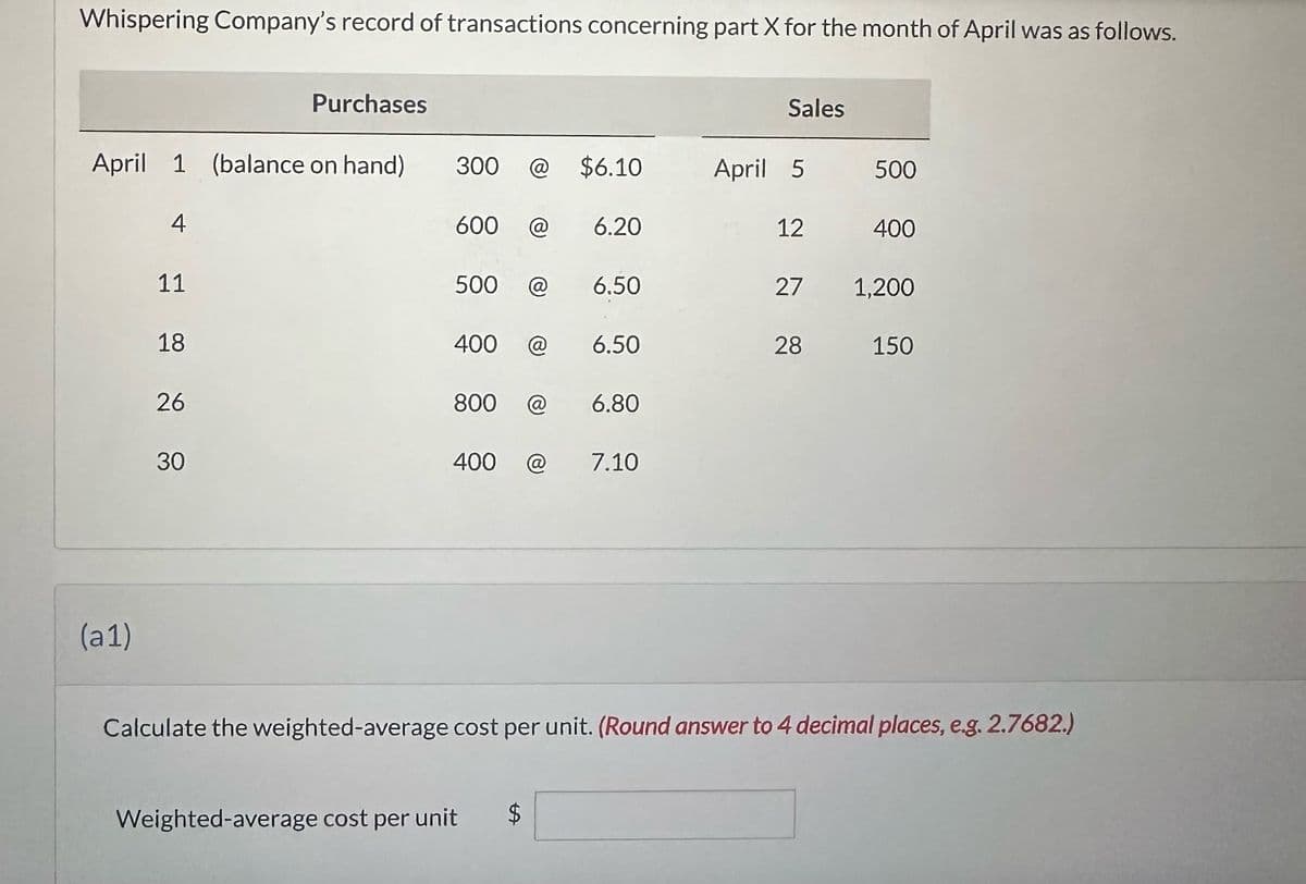 Whispering Company's record of transactions concerning part X for the month of April was as follows.
Purchases
Sales
April 1 (balance on hand)
300 @ $6.10
April 5
500
4
600
6.20
12
400
11
500 @
6.50
27
1,200
18
400 @
6.50
28
150
26
800 @
6.80
30
400
@
7.10
(a1)
Calculate the weighted-average cost per unit. (Round answer to 4 decimal places, e.g. 2.7682.)
Weighted-average cost per unit $