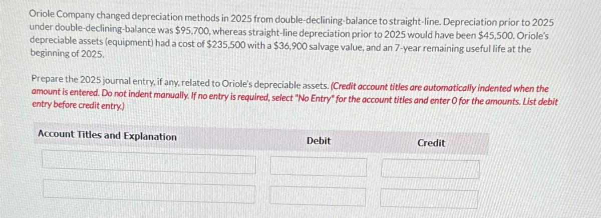 Oriole Company changed depreciation methods in 2025 from double-declining-balance to straight-line. Depreciation prior to 2025
under double-declining-balance was $95,700, whereas straight-line depreciation prior to 2025 would have been $45,500. Oriole's
depreciable assets (equipment) had a cost of $235,500 with a $36,900 salvage value, and an 7-year remaining useful life at the
beginning of 2025.
Prepare the 2025 journal entry, if any, related to Oriole's depreciable assets. (Credit account titles are automatically indented when the
amount is entered. Do not indent manually. If no entry is required, select "No Entry" for the account titles and enter O for the amounts. List debit
entry before credit entry.)
Account Titles and Explanation
Debit
Credit