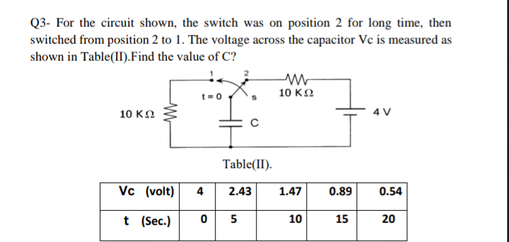 Q3- For the circuit shown, the switch was on position 2 for long time, then
switched from position 2 to 1. The voltage across the capacitor Vc is measured as
shown in Table(II). Find the value of C?
10 ΚΩ
t = 0
Vc (volt) 4
t (Sec.) 0
с
Table(II).
2.43
5
ww
10 ΚΩ
1.47
10
0.89
15
4 V
0.54
20