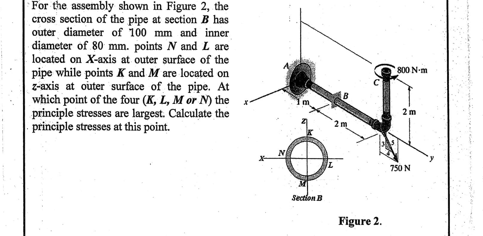 For the assembly shown in Figure 2, the
cross section of the pipe at section B has
outer diameter of 100 mm and inner
diameter of 80 mm. points N and L are
located on X-axis at outer surface of the
pipe while points K and M are located on
z-axis at outer surface of the pipe. At
which point of the four (K, L, M or N) the
principle stresses are largest. Calculate the
principle stresses at this point.
