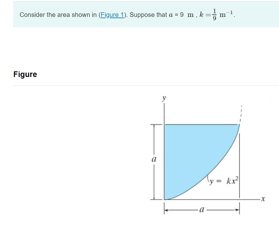 Consider the area shown in (Figure 1). Suppose that a = 9 m, k = = m¯¹.
Figure
a
y
a
y = kx²|
-X