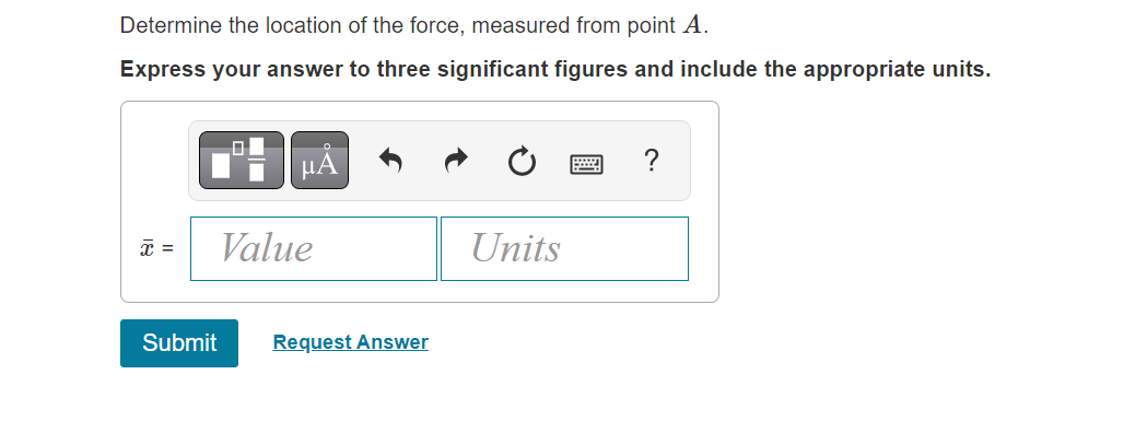 Determine the location of the force, measured from point A.
Express your answer to three significant figures and include the appropriate units.
x =
μᾶ
Value
Submit Request Answer
Units