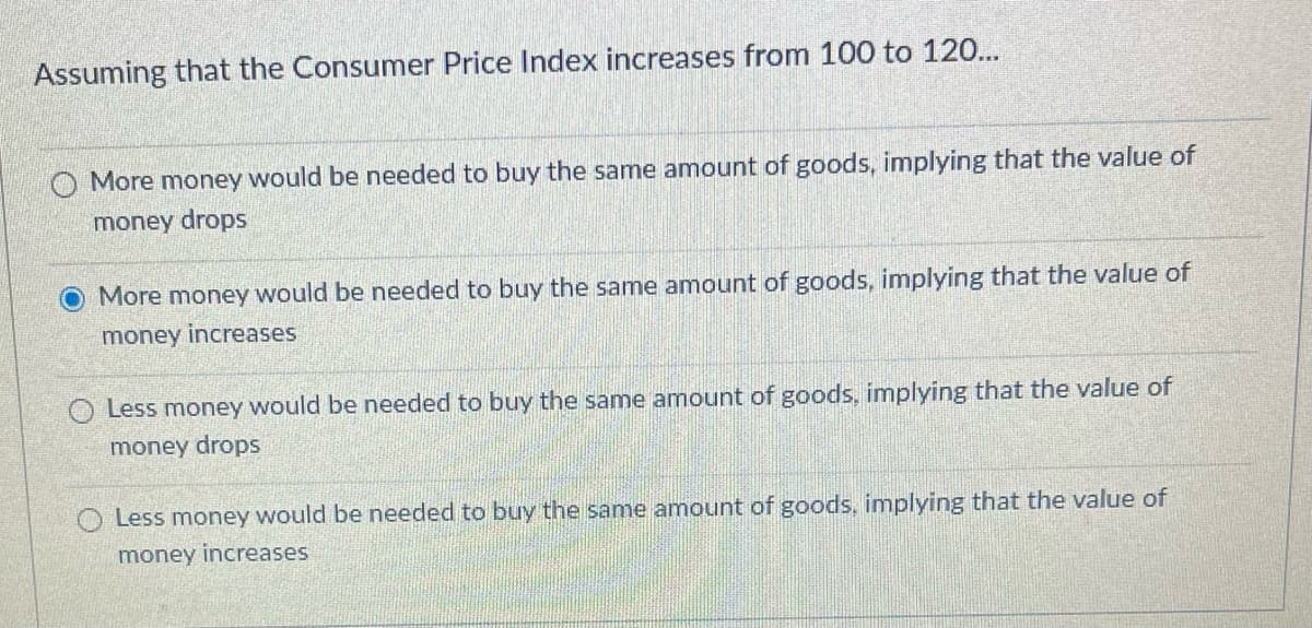 Assuming that the Consumer Price Index increases from 100 to 120...

- ○ More money would be needed to buy the same amount of goods, implying that the value of money drops
- ⦿ More money would be needed to buy the same amount of goods, implying that the value of money increases
- ○ Less money would be needed to buy the same amount of goods, implying that the value of money drops
- ○ Less money would be needed to buy the same amount of goods, implying that the value of money increases