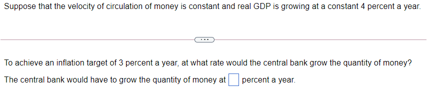 Suppose that the velocity of circulation of money is constant and real GDP is growing at a constant 4 percent a year.
To achieve an inflation target of 3 percent a year, at what rate would the central bank grow the quantity of money?
The central bank would have to grow the quantity of money at percent a year.