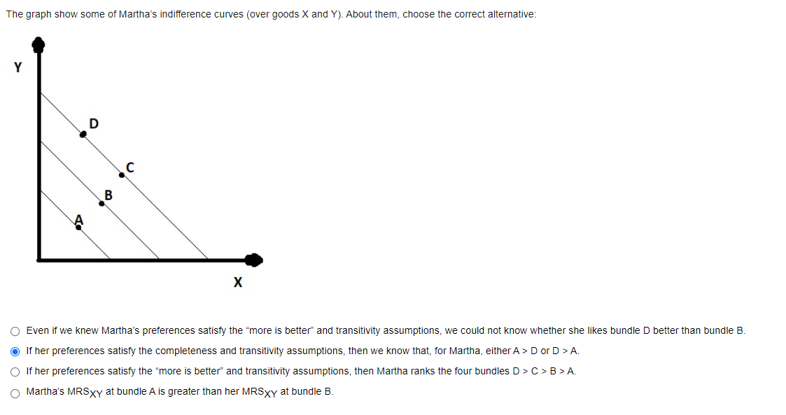 The graph show some of Martha's indifference curves (over goods X and Y). About them, choose the correct alternative:
Y
D
8
X
O Even if we knew Martha's preferences satisfy the "more is better and transitivity assumptions, we could not know whether she likes bundle D better than bundle B.
● If her preferences satisfy the completeness and transitivity assumptions, then we know that, for Martha, either A > D or D>A.
O If her preferences satisfy the "more is better" and transitivity assumptions, then Martha ranks the four bundles D > C > B>A.
O Martha's MRSxy at bundle A is greater than her MRSxy at bundle B.