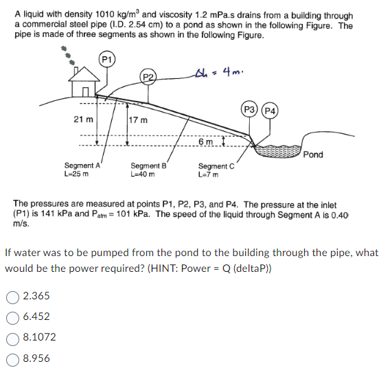 A liquid with density 1010 kg/m³ and viscosity 1.2 mPa.s drains from a building through
a commercial steel pipe (I.D. 2.54 cm) to a pond as shown in the following Figure. The
pipe is made of three segments as shown in the following Figure.
(P1)
14m
21 m
Segment A
L-25 m
2.365
6.452
8.1072
8.956
17 m
Segment B
L-40 m
6m
Segment C
L=7 m
(P3) (P4)
Pond
The pressures are measured at points P1, P2, P3, and P4. The pressure at the inlet
(P1) is 141 kPa and Patm = 101 kPa. The speed of the liquid through Segment A is 0.40
m/s.
If water was to be pumped from the pond to the building through the pipe, what
would be the power required? (HINT: Power = Q (deltaP))