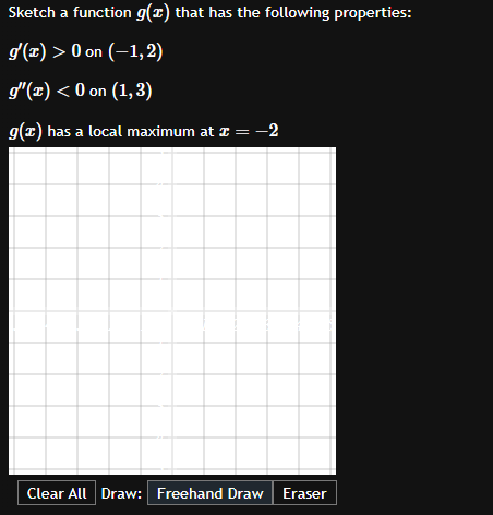 Sketch a function g(x) that has the following properties:
g'(x) > 0 on (−1, 2)
g'(x) < 0 on (1,3)
g(x) has a local maximum at x = -2
Clear All Draw: Freehand Draw Eraser