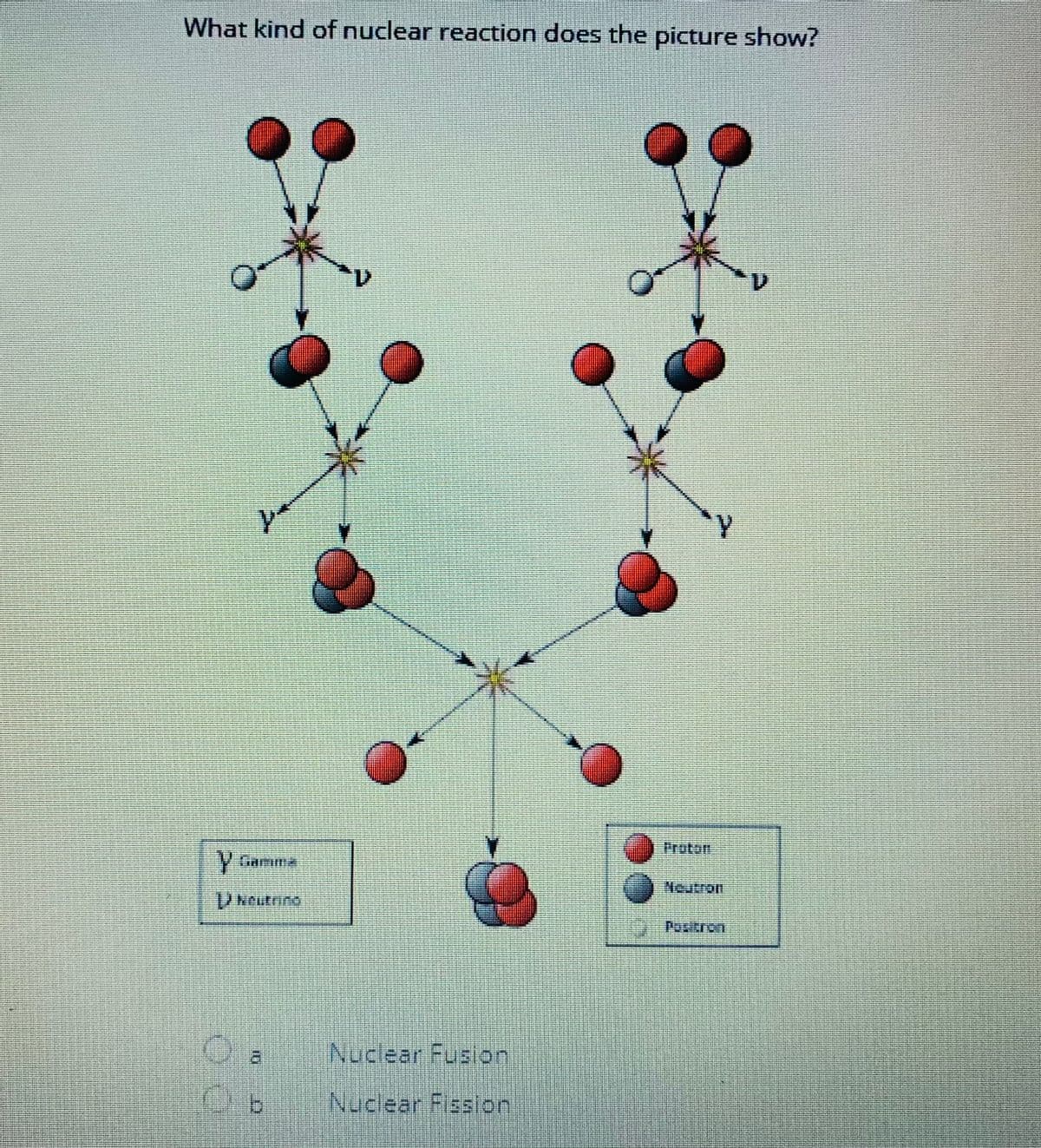 What kind of nuclear reaction does the picture show?
Y
y Gamma
Neutrino
H
OC
I
10
Nuclear
Fusion
Nuclear Fission
C
Proton
Neutron
Positron