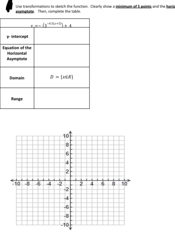 Use transformations to sketch the function. Clearly show a minimum of 5 points and the horiz
asymptote. Then, complete the table.
v =- (3~0,5(x+5))+4.
y- intercept
Equation of the
Horizontal
Asymptote
D = {x€R}
Domain
Range
10
8
2
-10 -8 -64-2
2.
6.
8 10
-2
-6
-8
-10
4,
4)
