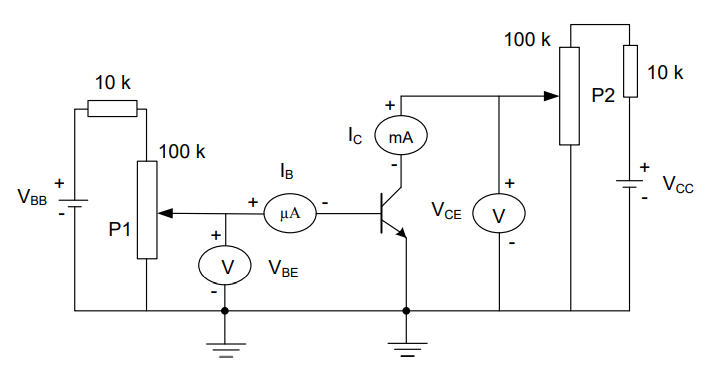 100 k
10 k
10 k
P2
Ic
mA
100 k
+
Vcc
VBB
+
VCE
HA
V
P1
V
VBE
+
+
