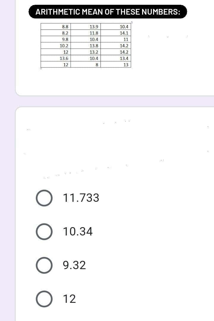 ARITHMETIC MEAN OF THESE NUMBERS:
8.8
13.9
10.4
8.2
11.8
14.1
9.8
10.4
11
10.2
13.8
14.2
12
13.2
14.2
13.6
10.4
13.4
12
8
13
O 11.733
O 10.34
O 9.32
O 12